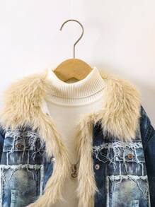 SHEIN Young Girl 1pc Fuzzy Trim Thermal Lined Coat - Multicolor - View 3