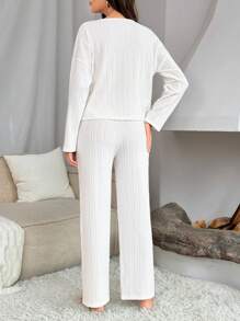 Drop Shoulder Tee & Pants Lounge Set - White - View 2