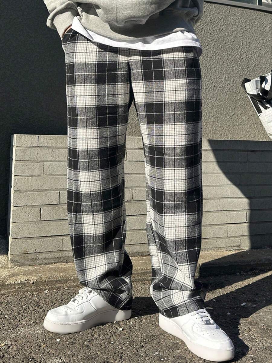 DAZY 適合日常穿著的男士方格紋側口袋長褲 - 黑色 - 查看 1