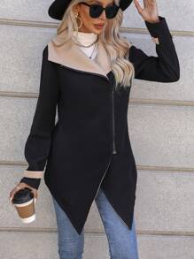 SHEIN LUNE Khối màu Dây kéo Viền không đối xứng áo - màu đen - Xem 6