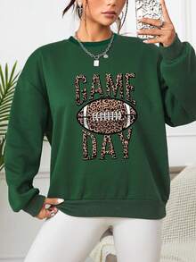 SHEIN EZwear 豹紋&字母圖案落肩袖運動衫 - 綠色 - 查看 3