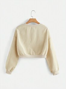 SHEIN EZwear 素色落肩袖條紋針織短款運動衫 - 杏色 - 查看 2