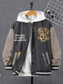 SHEIN Teen Boy Slogan Graphic Colorblock Drop Shoulder Varsity Jacket Without Hoodie - Multicolor - View 1