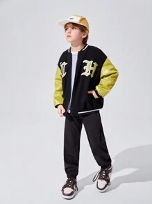 SHEIN Tween Boy Letter Embroidery Drop Shoulder Two Tone Varsity Jacket - Black - View 3