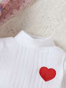 Baby Girl Heart Embroidery Mock Neck Tee - White - View 3