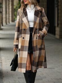 SHEIN Clasi 格紋印花西裝領雙排釦雙口袋花呢外套 - 彩色 - 查看 1