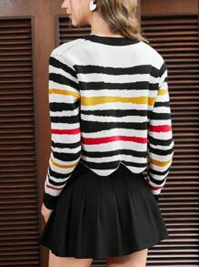 SHEIN EZwear Striped Pattern Scallop Hem Crop Sweater - Multicolor - View 2