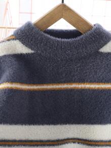 男大童條紋圖案落肩袖套頭毛衣 - 灰色 - 查看 3