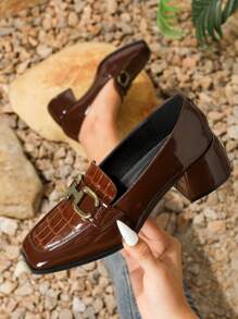 Fall/Winter Women's Square Toe Fashion Loafers, Casual -On Chunky Heel Mules, Elegant - Coffee Brown - View 4