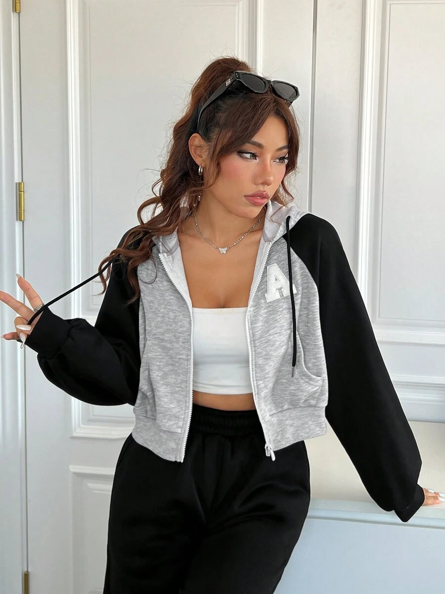 SHEIN EZwear Của phụ nữ Khối màu Dệt kim Dây rút Hoodie - Xám - Xem 1