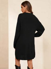 SHEIN Clasi Drop Shoulder Button Detail Sweater Dress Without Belt - Black - View 2