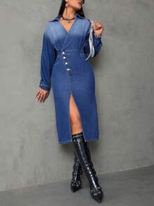 SHEIN Privé Drop Shoulder Split Thigh Denim Dress Fall Cloth For Women - Medium Wash - View 5