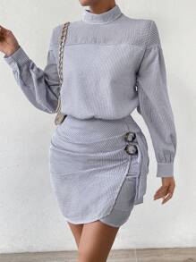 SHEIN Frenchy Mock Neck Drop Shoulder Buckle Side Wrap Hem Dress - Blue and White - View 1