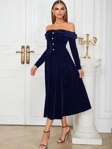 Off-Shoulder Ruffle Trim Button Front Velvet Dress - Blue - View 5