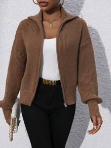 Chiquease Thả vai Dây kéo Áo len Mở - Màu Khaki - Xem 6