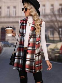 SHEIN LUNE Plaid Print Button Front Vest Coat - Multicolor - View 6