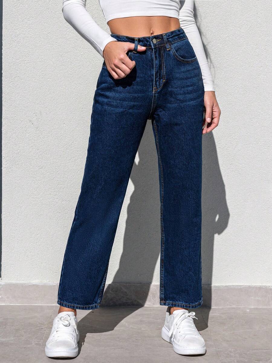 EURMUSE Slant Pocket Straight Leg Jeans - Blue - View 1