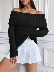 SHEIN Unity Women's Off Shoulder Sweater,Long Sleeve Tops Knit Pullover Fall Winter Sweater - Black - View 3