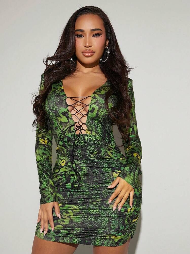 SHEIN SXY Snakeskin Print Lace Up Front Ruched Bodycon Dress | SHEIN USA