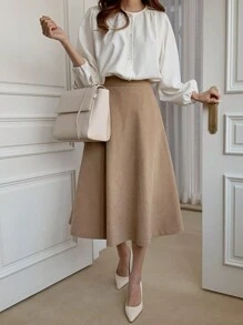 DAZY 1 Áo cánh tay đèn lồng màu trơn cho nữ, trang phục công sở thường ngày, áo dài tay mùa thu - trắng - Xem 5