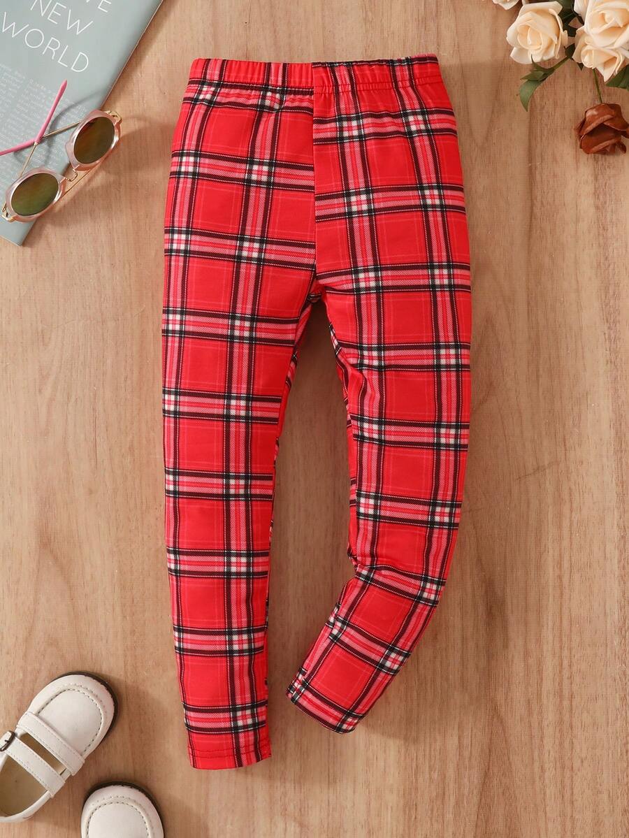 SHEIN 女小童格紋印花緊身打底褲