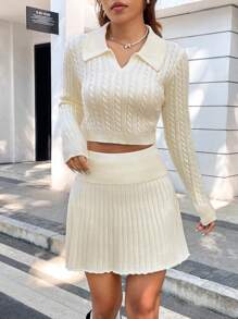 SHEIN Qutie Cable Knit Crop Sweater & Knit Skirt - Apricot - View 5