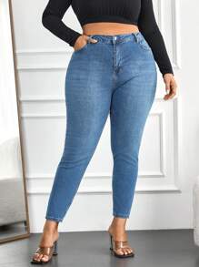 SHEIN Cottnline Kích thước lớn Màu thuần Quần jean ôm - Rửa nhẹ - Xem 1