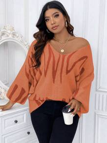 Calvaya 大碼圖形圖案蝙蝠袖套頭毛衣 - 亮橙色 - 查看 3