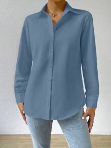 SHEIN EZwear Chất rắn Nút phía trước Áo sơ mi - Màu xanh bụi bặm - Xem 4