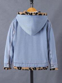 Tween Girl 1pc Leopard Teddy Lined Drop Shoulder Hooded Denim Jacket