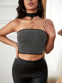 Allurite 環鏈撞色滾邊繞頸短上衣 - 銀色 - 查看 1