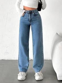 EURMUSE Raw Hem Straight Leg Jeans - Blue - View 1