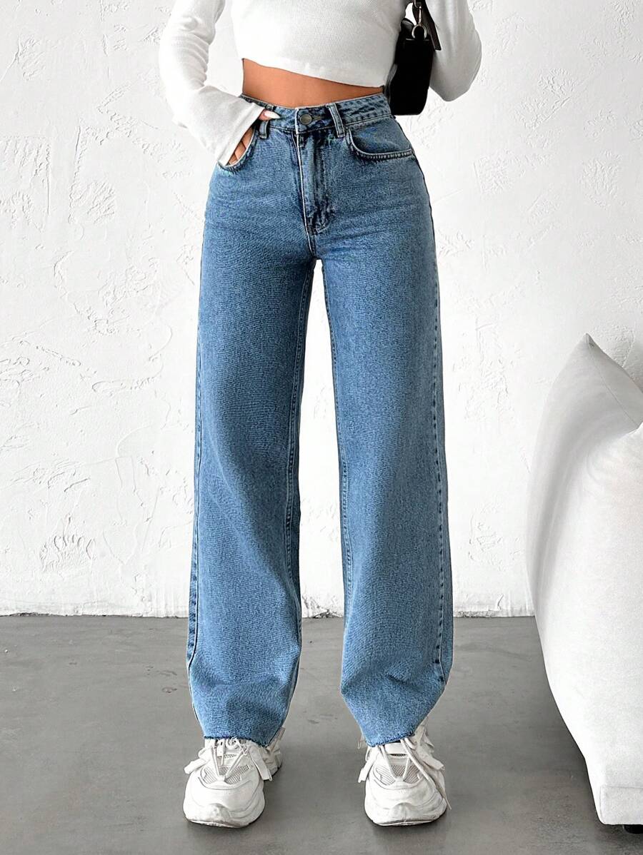 EURMUSE Raw Hem Straight Leg Jeans - Blue - View 1