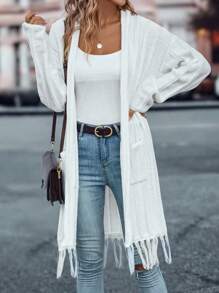 SHEIN LUNE 流苏饰边落肩开衫 - 白色 - 查看 5