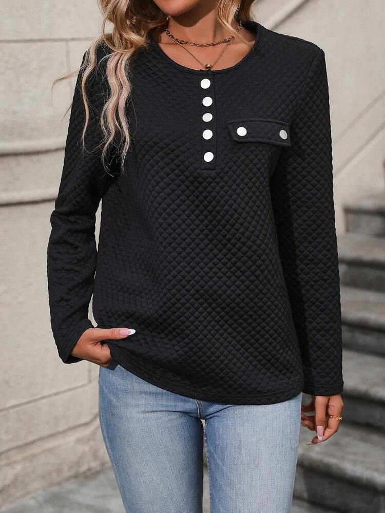 Button Detail Flap Detail Sweatshirt Pullover Fall Sweatshirt
