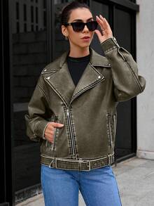 SHEIN Essnce Pu材質女式夾克 - 綠色 - 查看 6