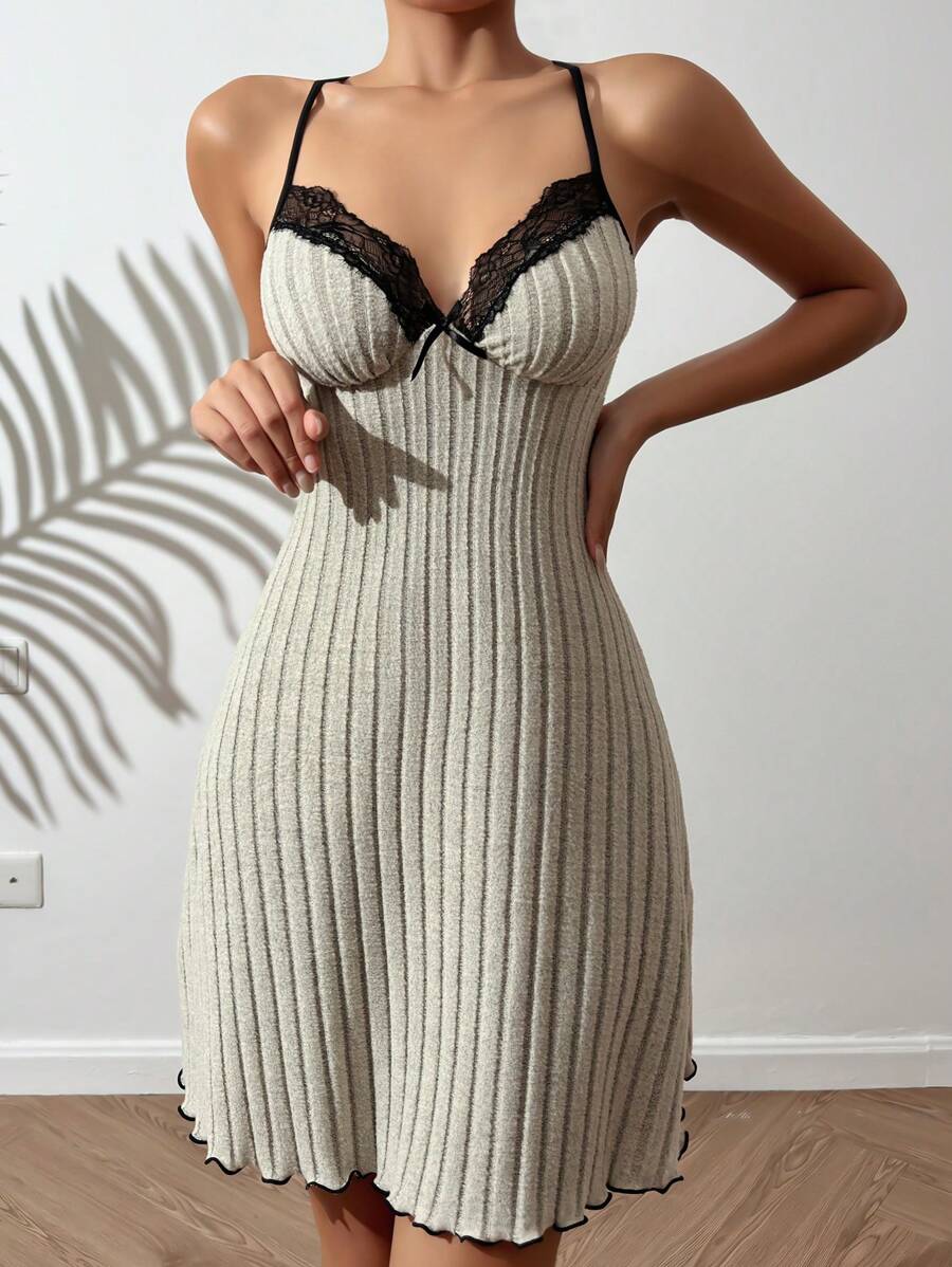 SHEIN Contrast Lace Lettuce Trim Cami Pajama Nightdress - Grey - View 1