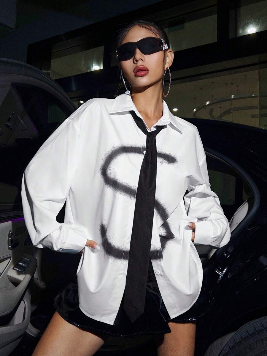 SHEIN ICON Graphic Print Drop Shoulder Shirt With Necktie - White - View 1