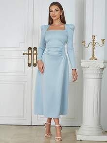 Square Neck Puff Sleeve Ruched Dress - Baby Blue - View 5