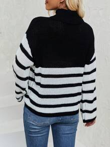 SHEIN LUNE Striped Pattern Turtleneck Drop Shoulder Sweater Knit Pullover Fall Winter Outfit