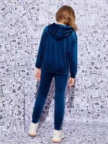 SHEIN Tween Girl Letter Embroidery Drop Shoulder Velvet Hoodie & Sweatpants - Teal Blue - View 2