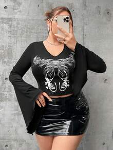 PUNK 大碼圖案印花荷葉袖T恤 - 黑色 - 查看 7