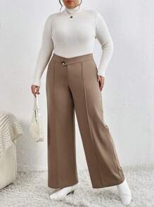 SHEIN Privé Plus High Waist Wide Leg Pants - Khaki - View 5
