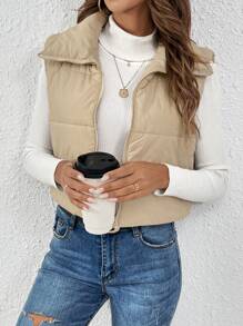 SHEIN Frenchy Dây kéo Mùa vụ Áo gi lê Lông vũ - Màu be - Xem 6