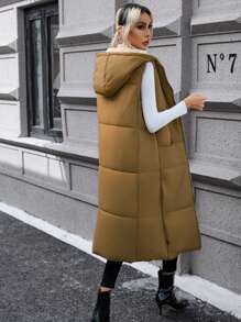 SHEIN Privé Dây kéo áo có mũ Áo gi lê Lông vũ - Màu nâu  Mocha - Xem 3
