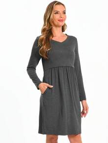 Maternity Solid Nursing Dress - Dark Grey - View 4