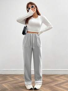 SHEIN EZwear 灰色針織女式長褲 - 灰色 - 查看 4