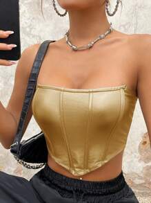 SHEIN ICON Ống da PU Hanky Hem màu vàng - Vàng - Xem 4