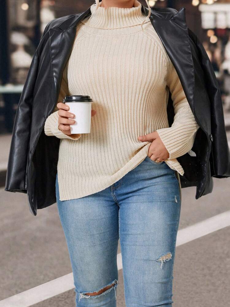 Plus Turtleneck Raglan Sleeve Split Hem Sweater Knit Pullover Fall Winter Sweater