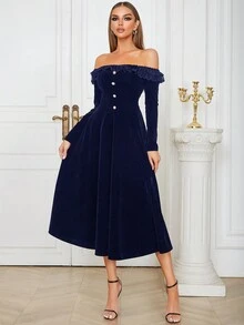 Off-Shoulder Ruffle Trim Button Front Velvet Dress - Blue - View 4